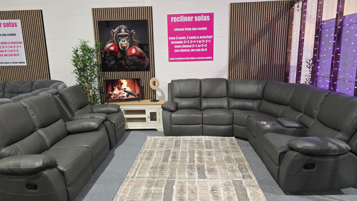 Grayson Recliner Corner Sofas - Grey Leather