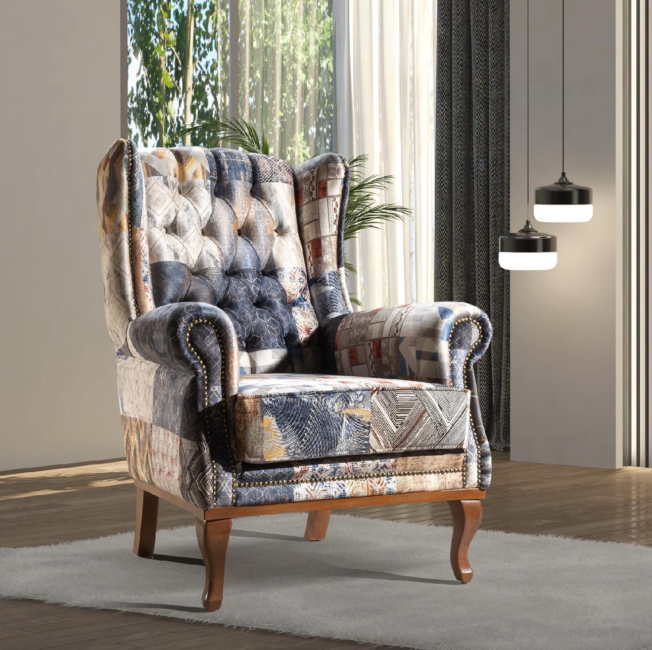 Berkdale Patchwork Multi Grey Navy Wingback Chair PO3