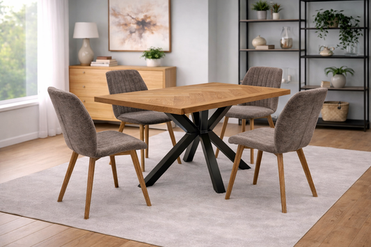Ashford 1.4m Ash Veneer Dining Table Set + Windsor Mocha Fabric Dining Chairs