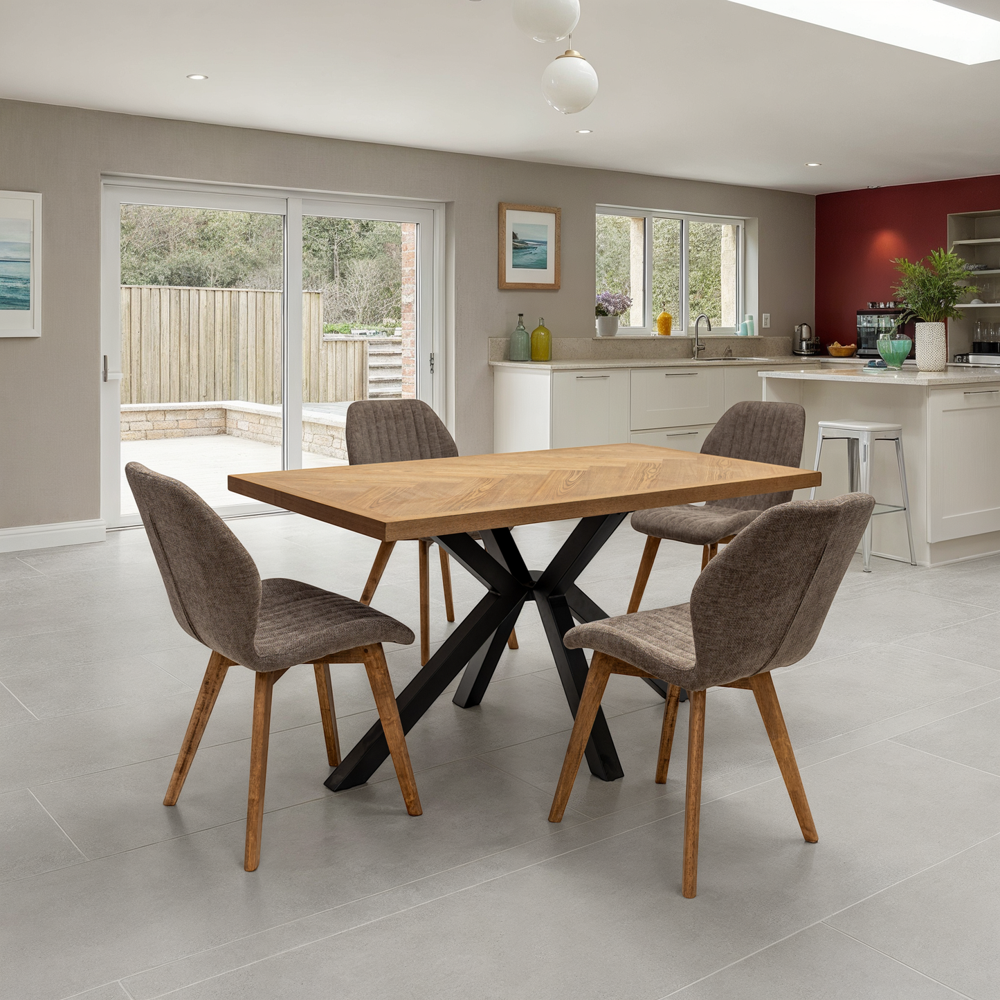 Ashford 1.4m Ash Veneer Dining Table Set + Windsor Grey Fabric Dining Chairs