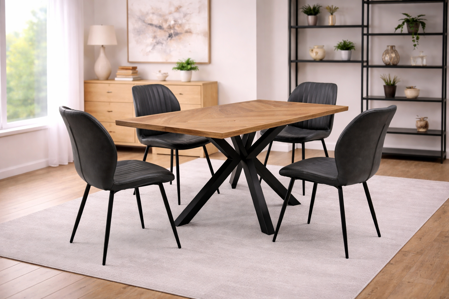 Ashford 1.4m Ash Veneer Dining Table Set + Lisburn Charcoal Faux Leather Dining Chairs