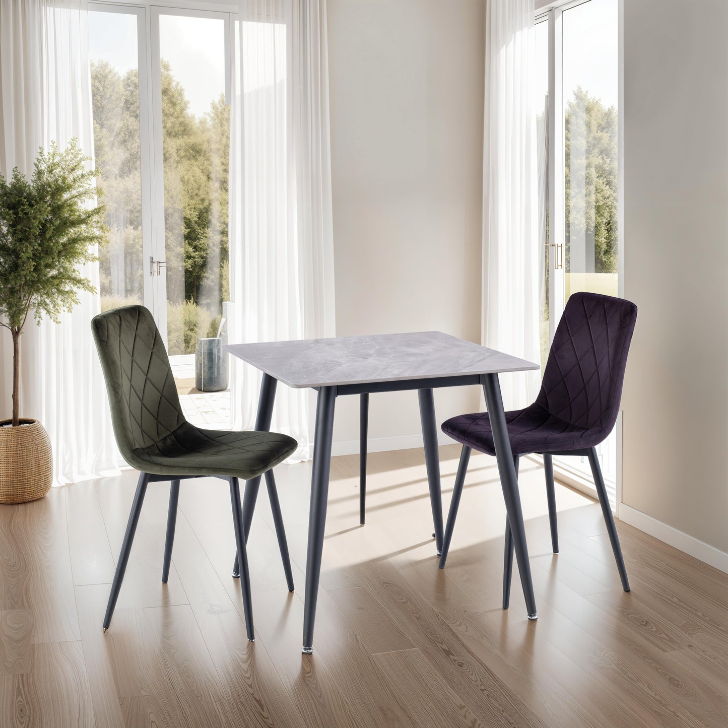 Alba 0.75m Square Grey Dining Table Set + Monaco Grey Velvet Chairs