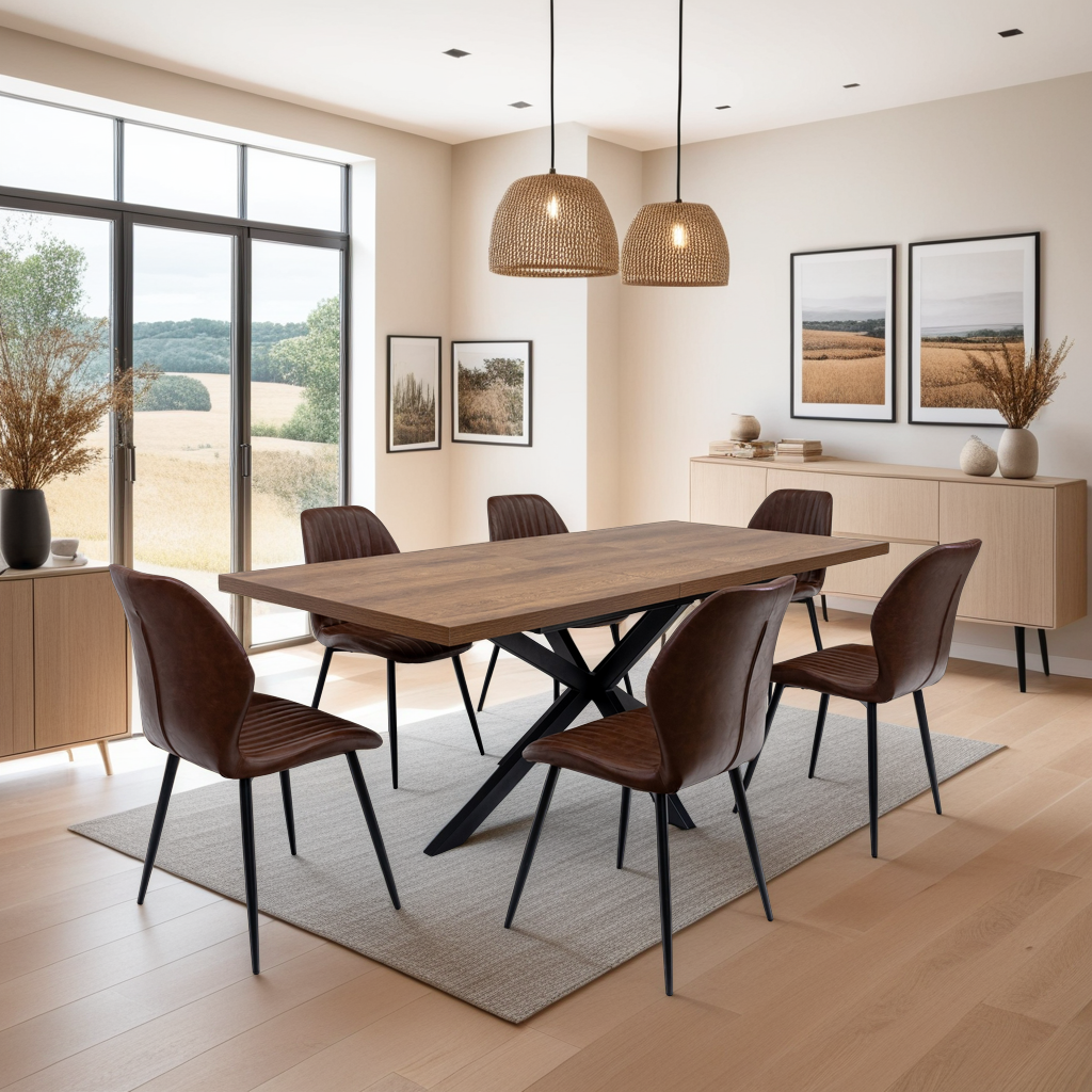 Modern dining room with wooden table and chairs, large windows, and decorative elements.