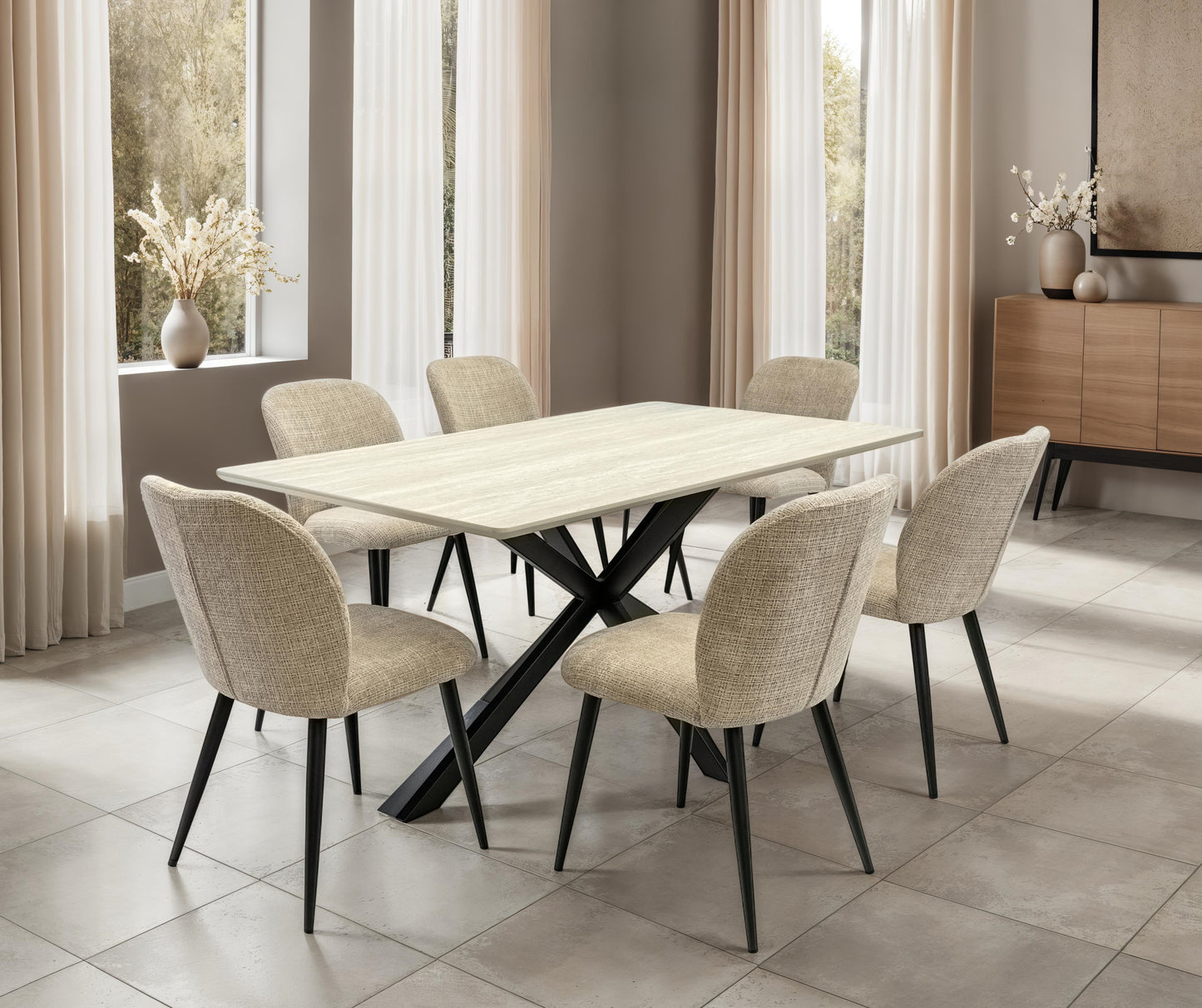 Verona 1.6m Travertine Finish Dining Table Set + Verona Dining Chairs