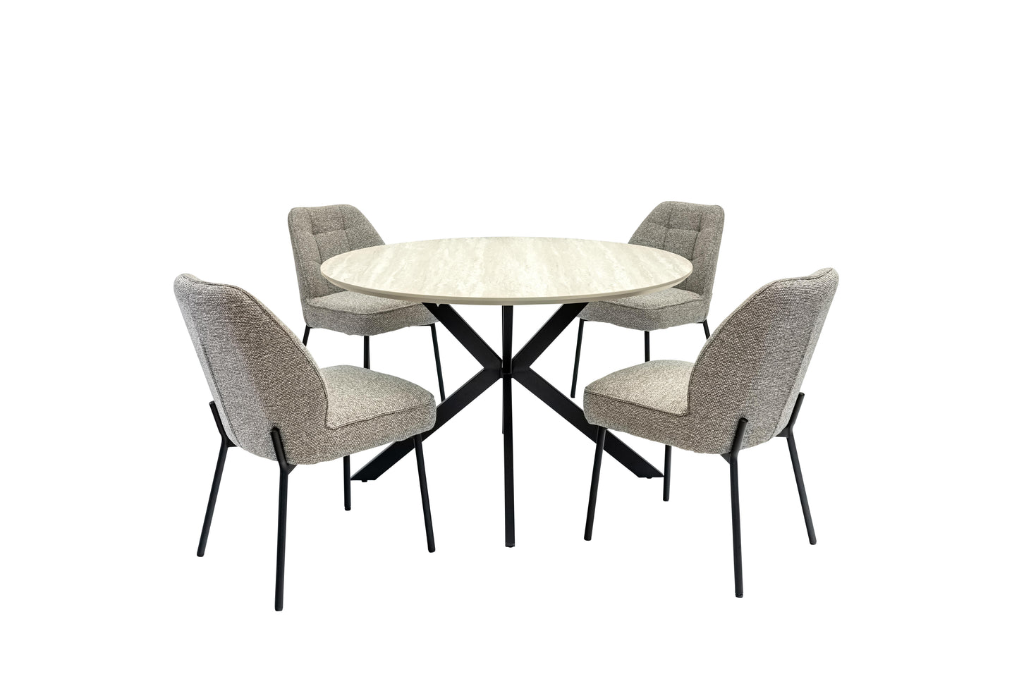 Verona 1.2m Travertine Finish Round Dining Table Set + Athens Chenille Dining Chairs
