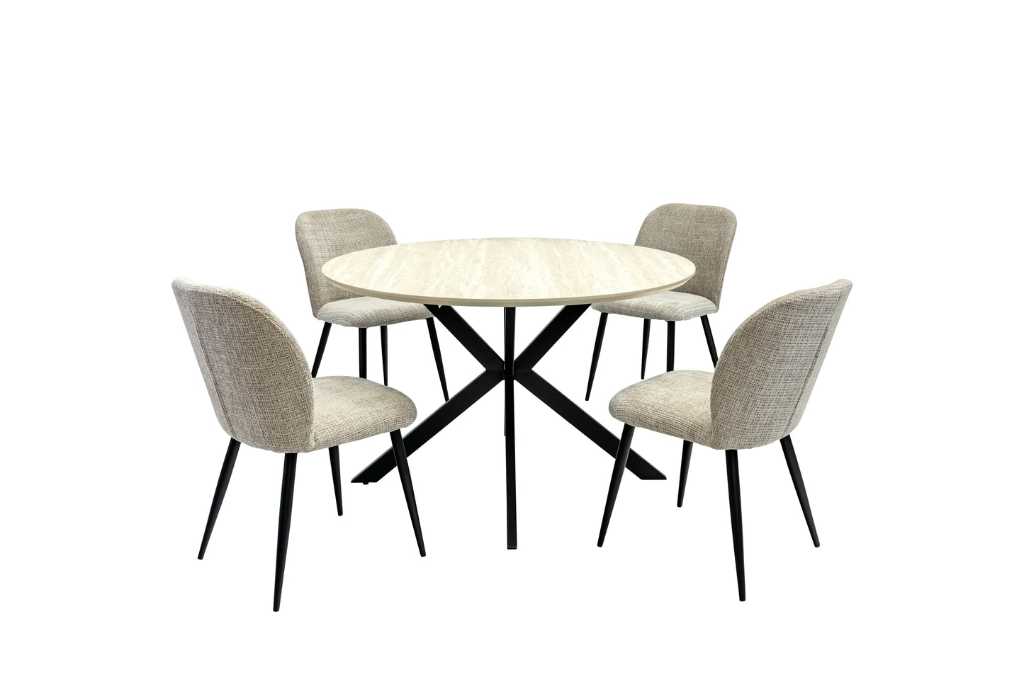 Verona 1.2m Travertine Finish Round Dining Table Set + Verona Chenille Dining Chairs