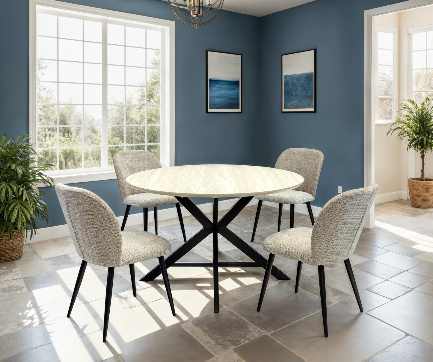 Verona 1.2m Travertine Finish Round Dining Table Set + Verona Chenille Dining Chairs