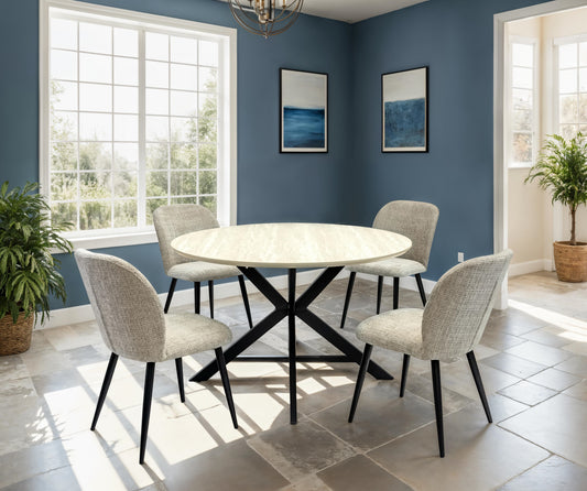 Verona 1.2m Travertine Finish Round Dining Table Set + Verona Chenille Dining Chairs