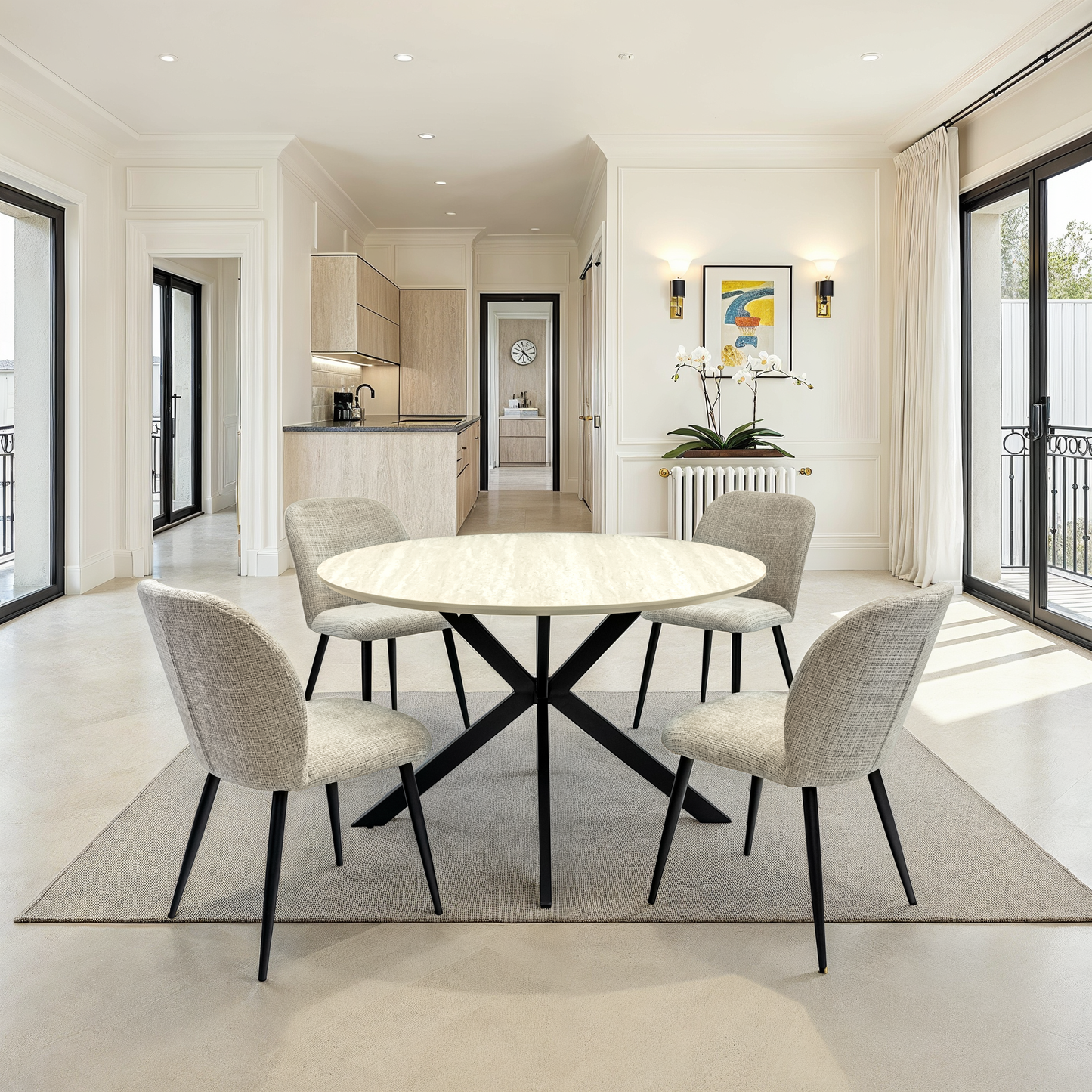 Verona 1.2m Travertine Finish Round Dining Table Set + Verona Chenille Dining Chairs